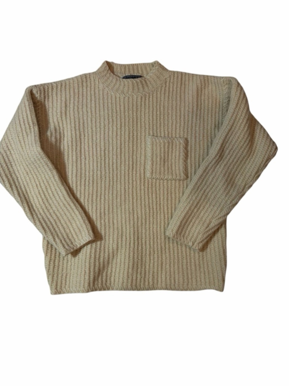Vintage Tom Tailor Wool Fisherman Knit Sweater Cream Ribbed Pocket Cozy Academia